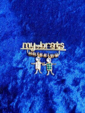 Vintage Signed Kis, USA Goldtone and Crystal "My Brats" Pin Brooch,